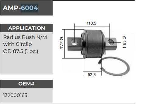 TORQUE ROD BUSH TIPPER 87MM AMP-6004
